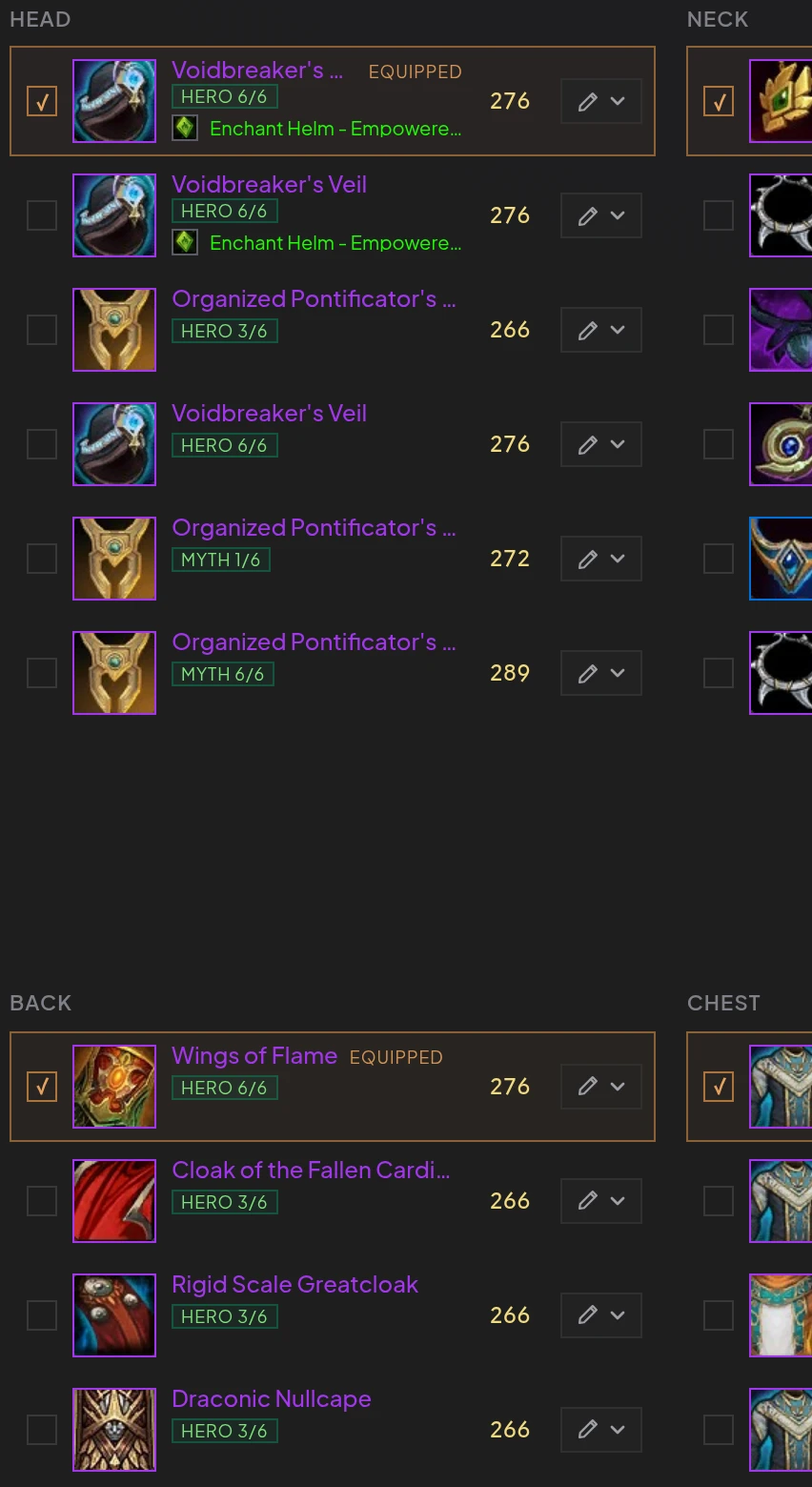 Gear compare: a column of candidate helms with enchants and upgrade tracks