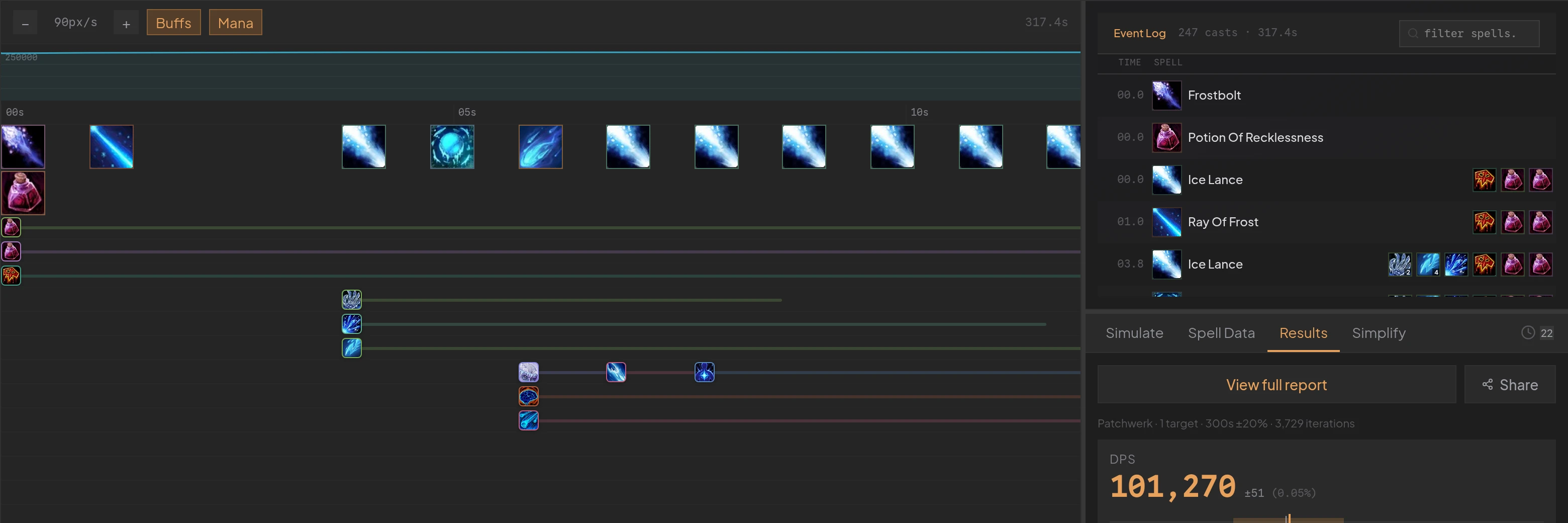 The cast timeline of a Frost Mage sim next to its event log